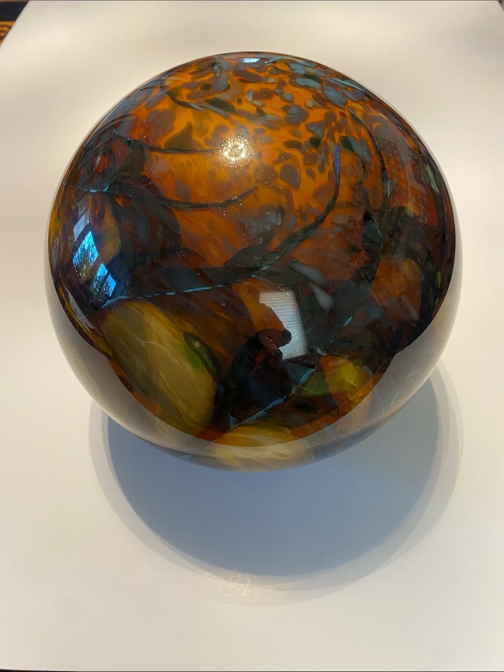 Hand-Blown Decorative Glass Orb in Amber and Blue
